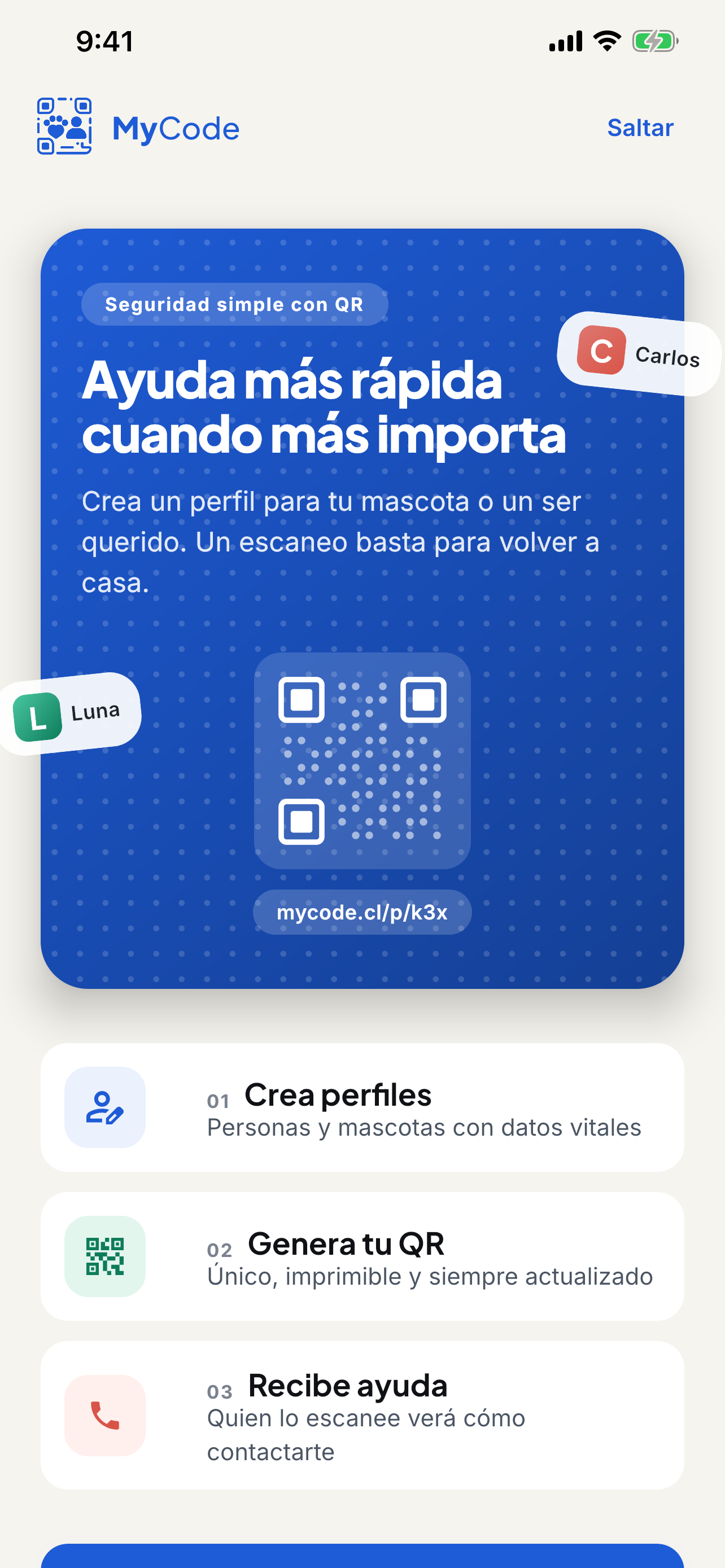 Pantalla de la app MyCode con perfiles y QR